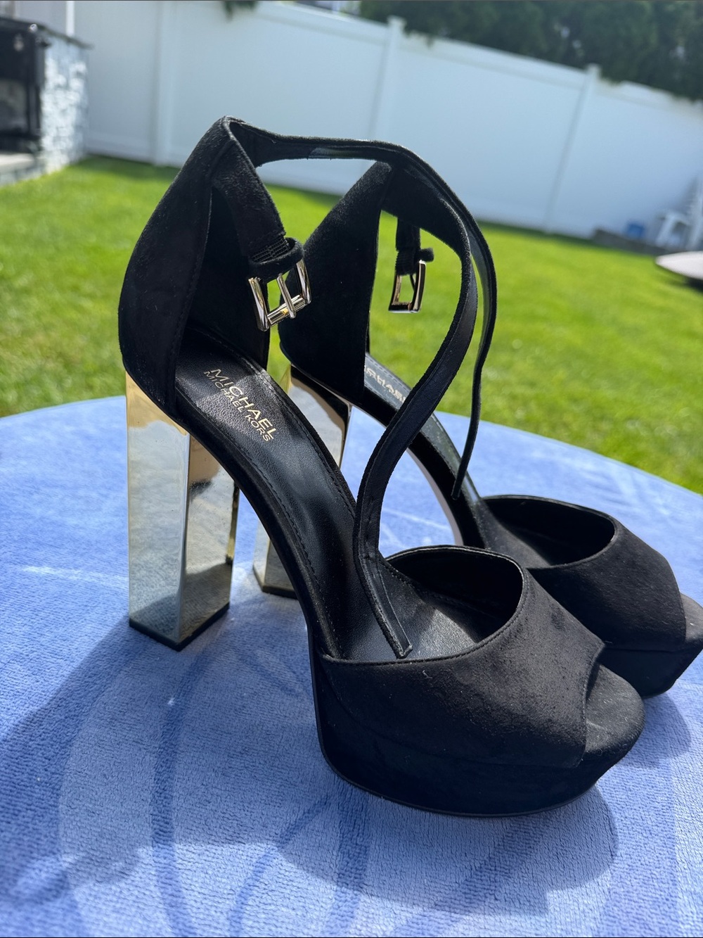MICHAEL Michael Kors Black Suede Platform Sandals with Mirrored Block Heel